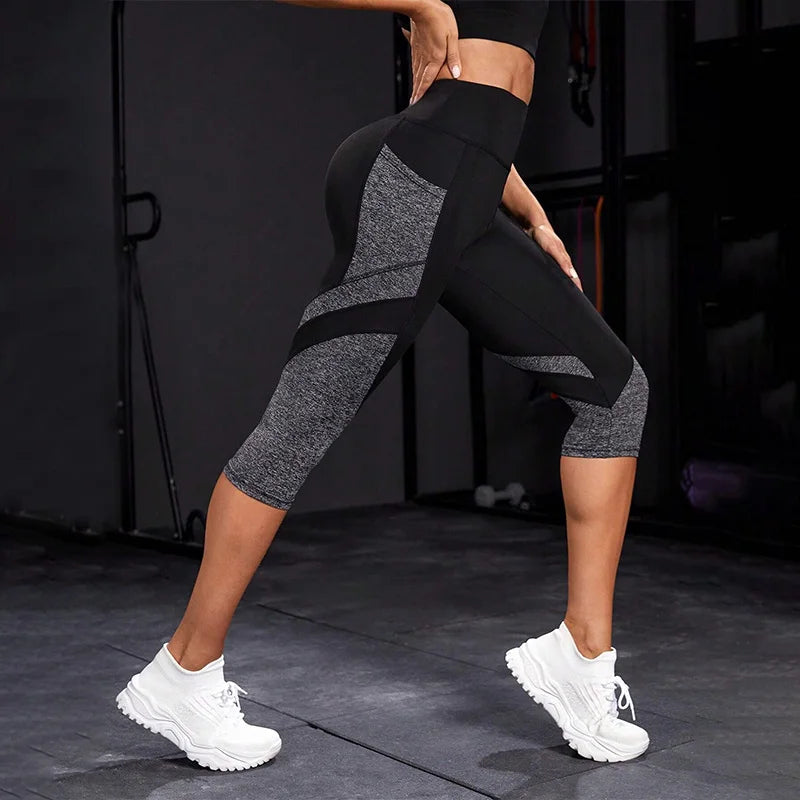 Legging capri femme taille haute à poches et empiècements contrastés