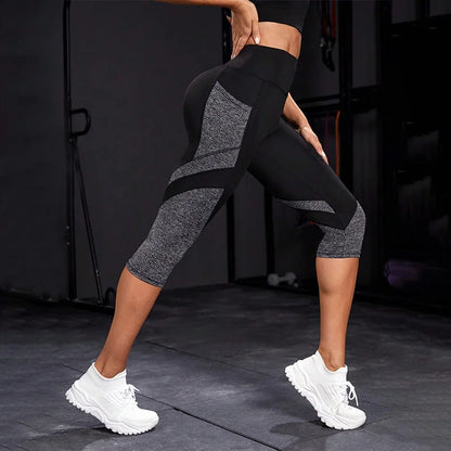 Legging capri femme taille haute à poches et empiècements contrastés