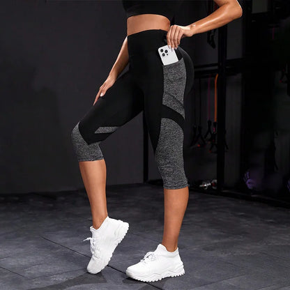 Legging capri femme taille haute à poches et empiècements contrastés