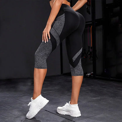 Legging capri femme taille haute à poches et empiècements contrastés