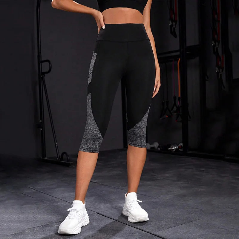 Legging capri femme taille haute à poches et empiècements contrastés
