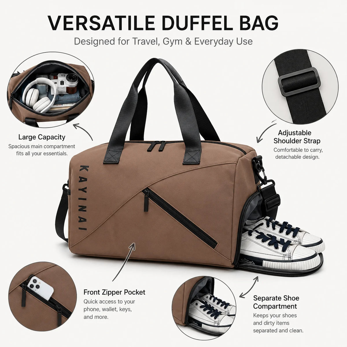 Sac de voyage unisexe avec compartiment à chaussures, grand sac de sport/week-end, sac à bandoulière.